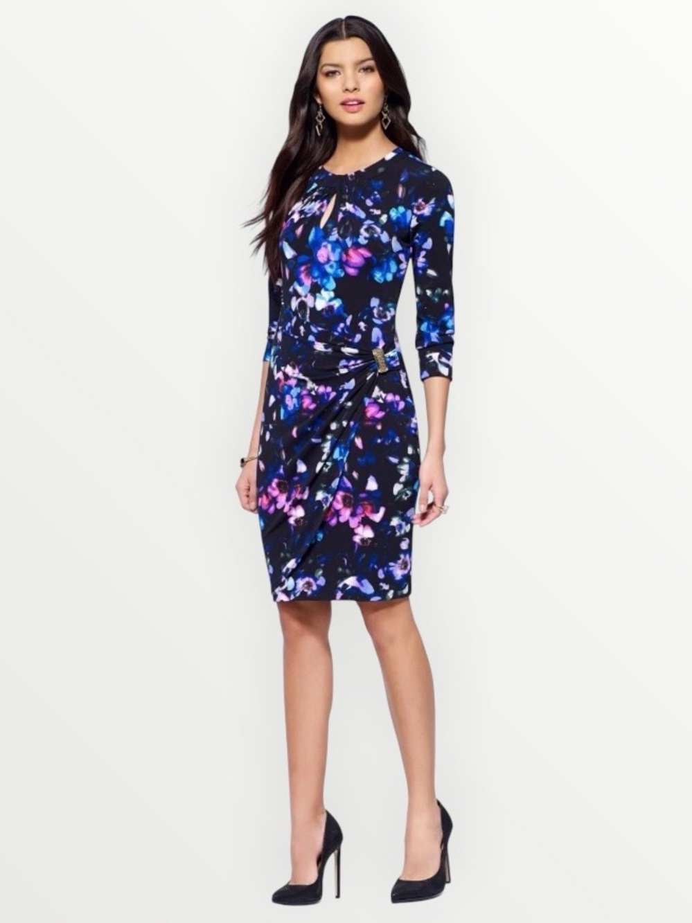 CACHE Black Floral Midi Dress Faux Wrap Gold Purple Fitted S Party Cocktail Date